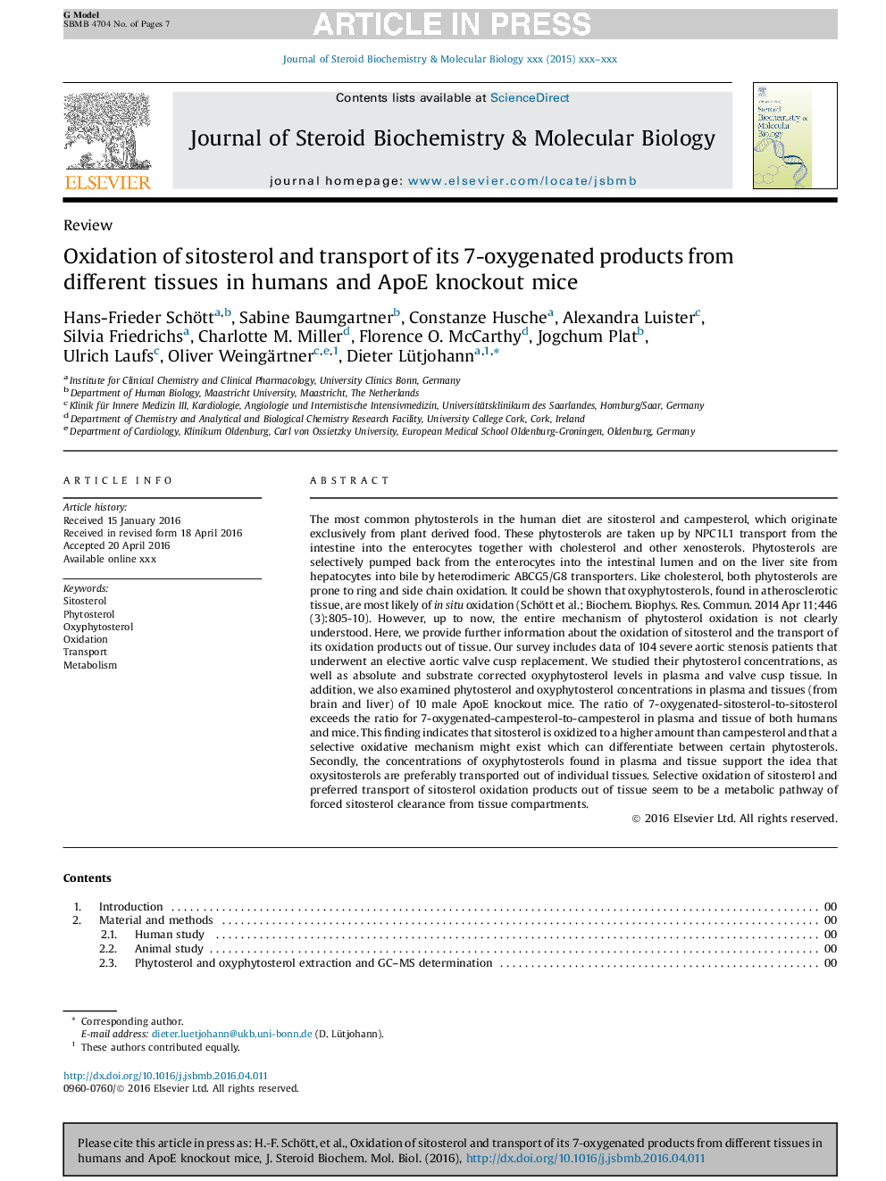 Oxidation of sitosterol and transport of its 7-oxygenated products from different tissues in humans and ApoE knockout mice