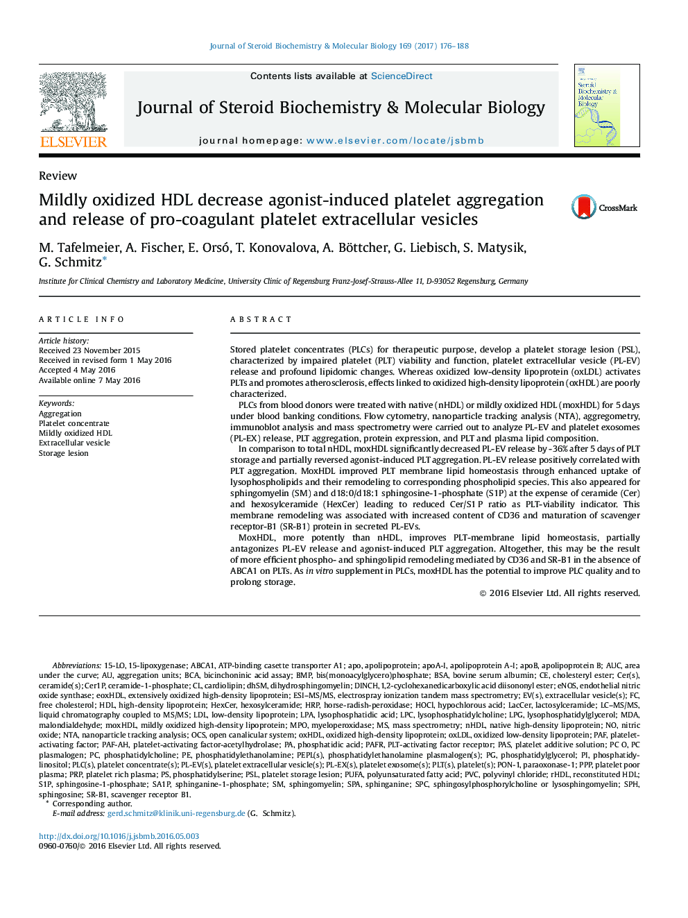 ReviewMildly oxidized HDL decrease agonist-induced platelet aggregation and release of pro-coagulant platelet extracellular vesicles