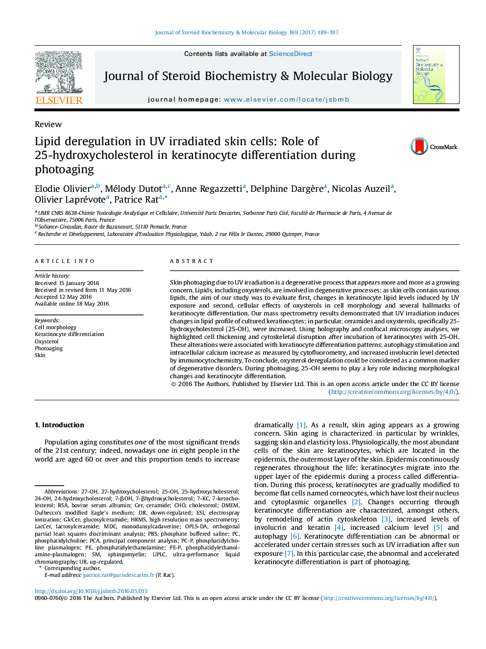 Lipid deregulation in UV irradiated skin cells: Role of 25-hydroxycholesterol in keratinocyte differentiation during photoaging