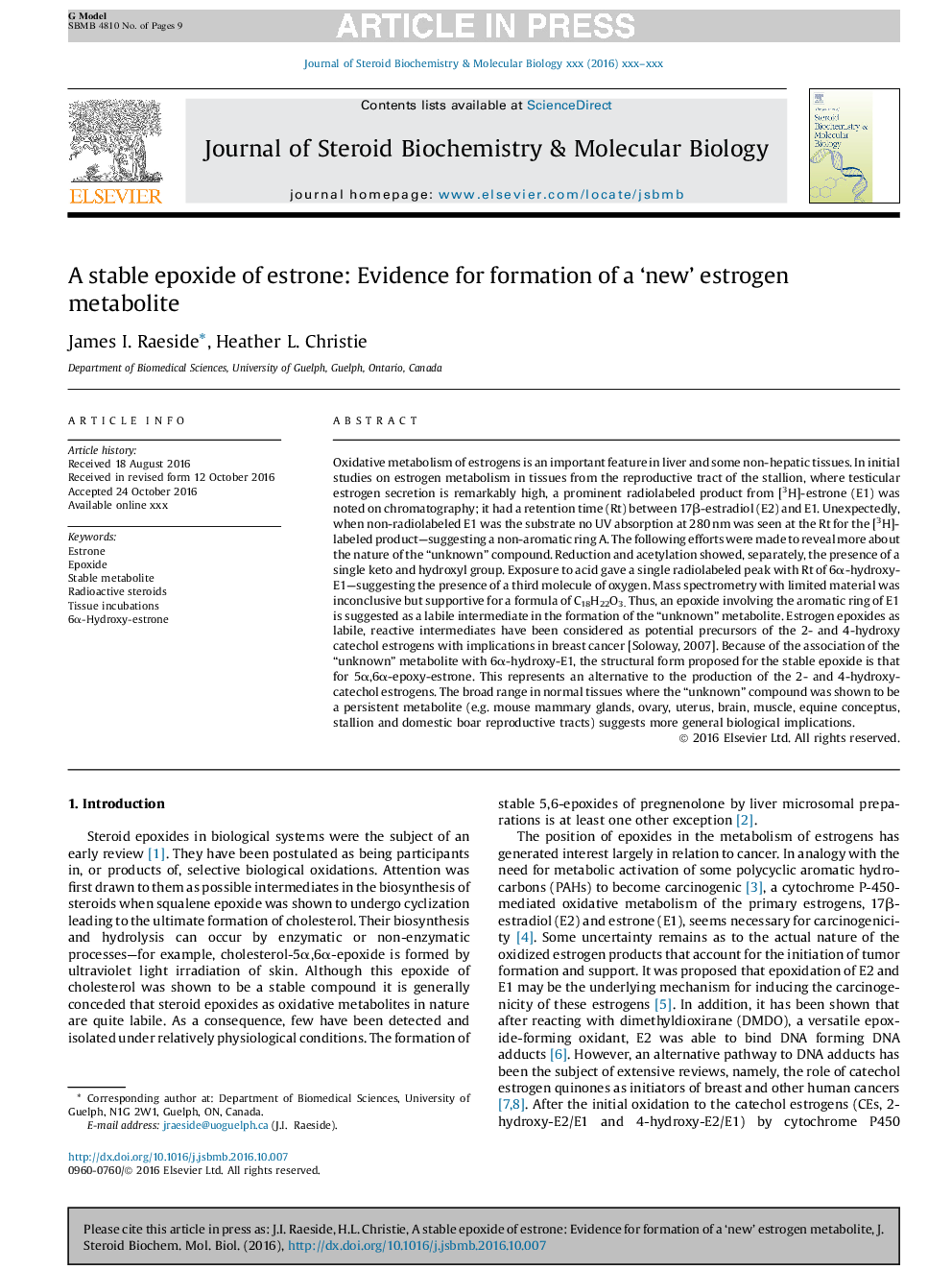 A stable epoxide of estrone: Evidence for formation of a 'new' estrogen metabolite