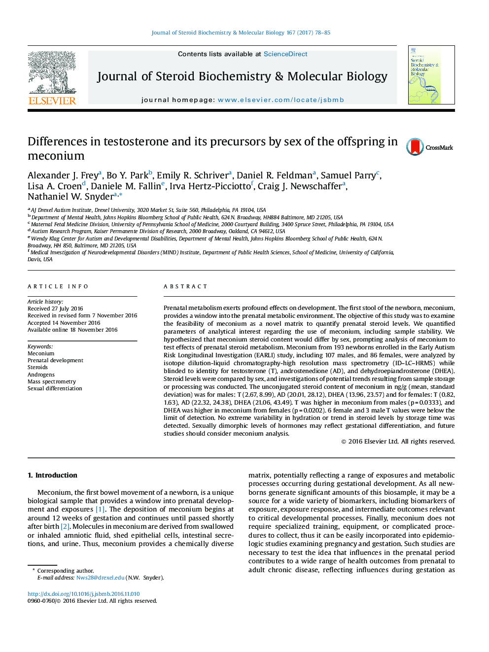 Differences in testosterone and its precursors by sex of the offspring in meconium