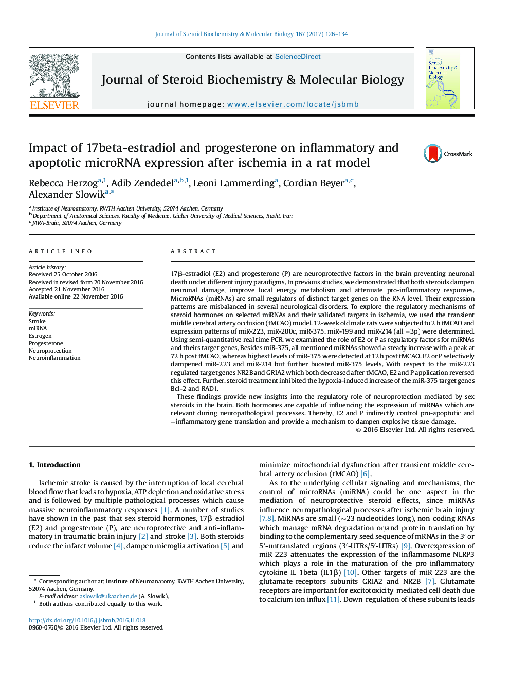 Impact of 17beta-estradiol and progesterone on inflammatory and apoptotic microRNA expression after ischemia in a rat model