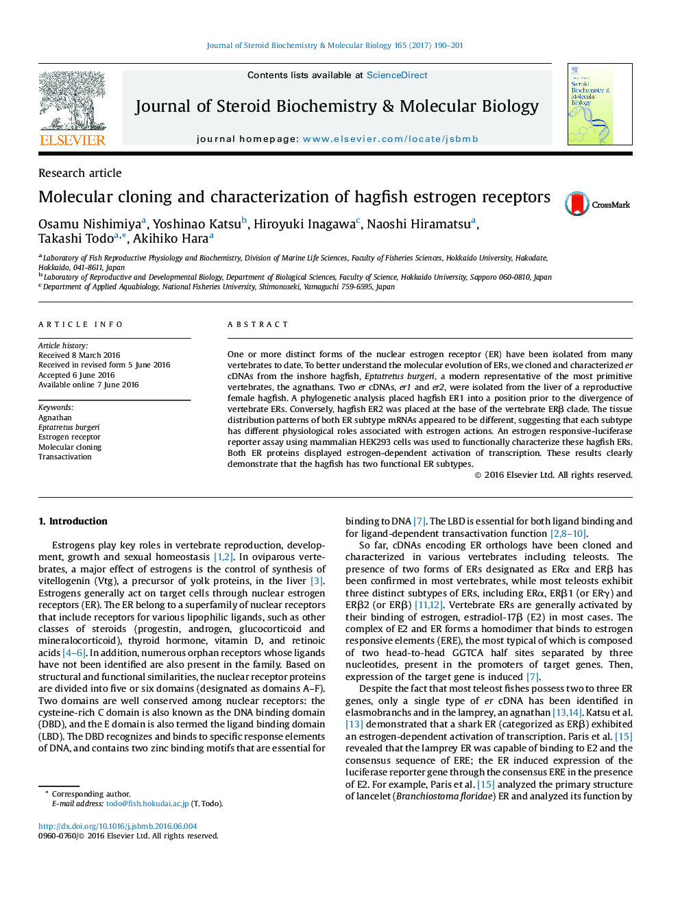 Research articleMolecular cloning and characterization of hagfish estrogen receptors