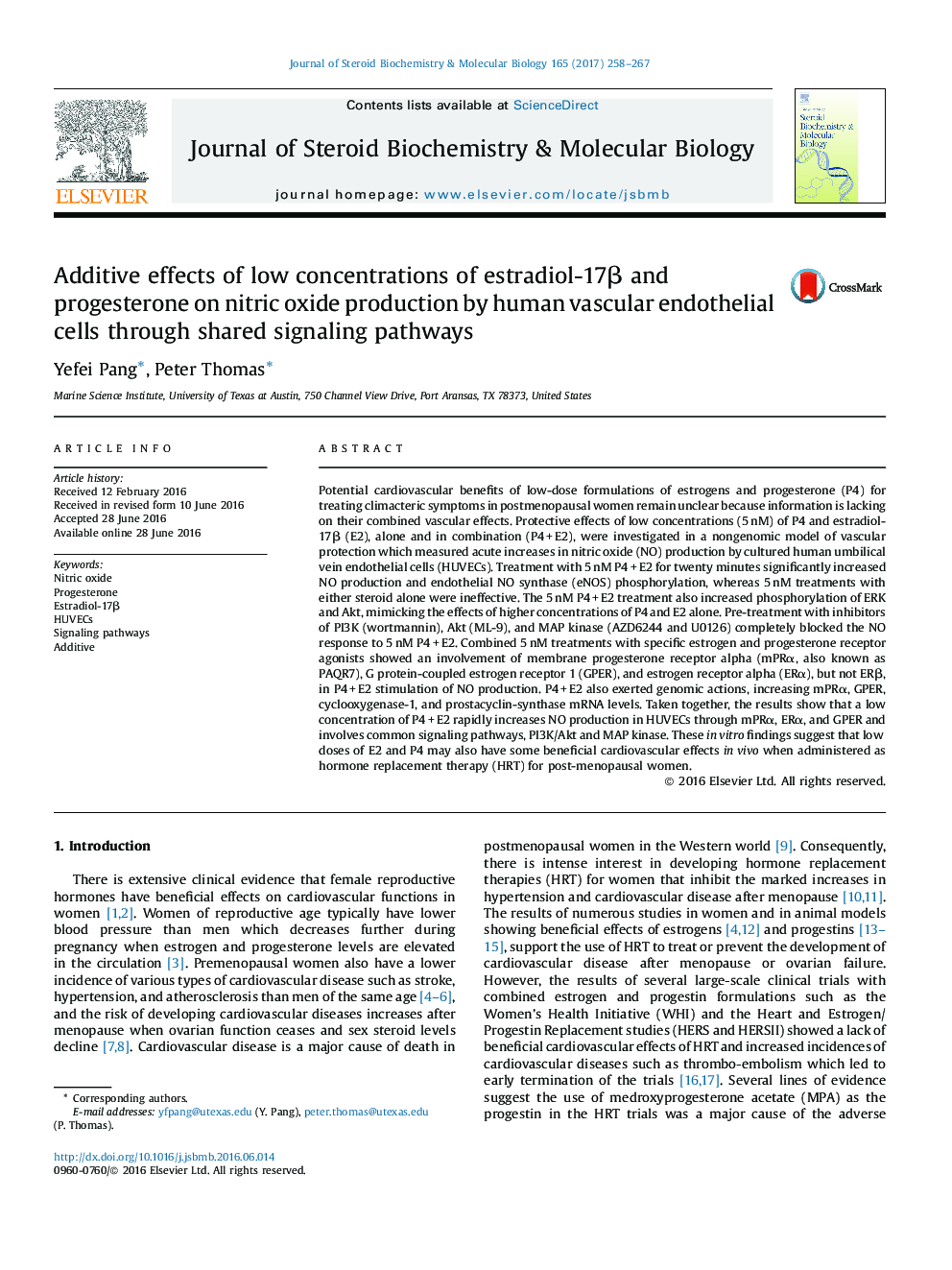 Additive effects of low concentrations of estradiol-17Î² and progesterone on nitric oxide production by human vascular endothelial cells through shared signaling pathways