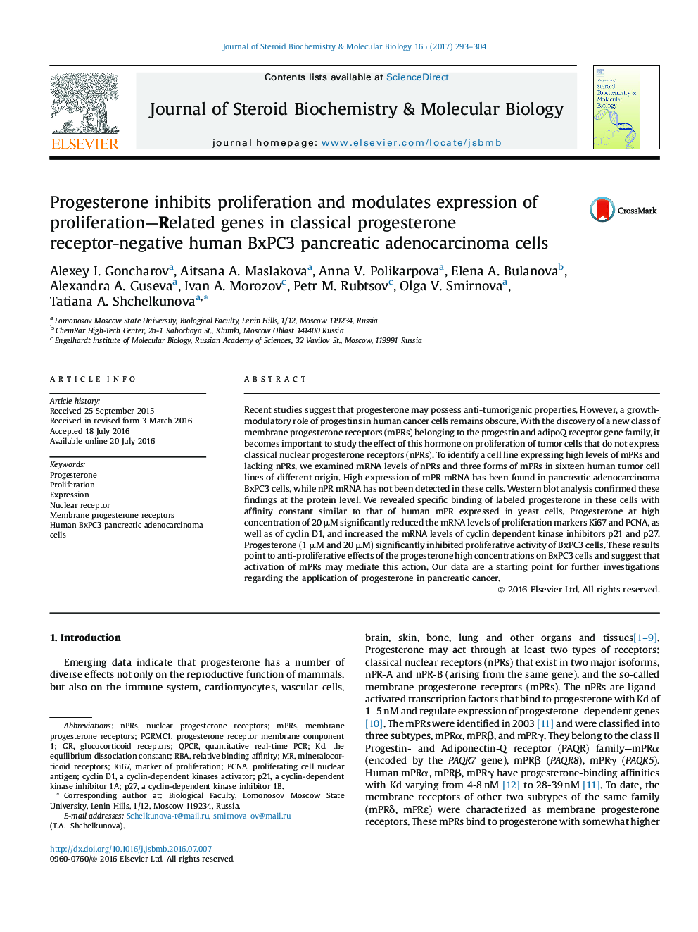 Progesterone inhibits proliferation and modulates expression of proliferation—Related genes in classical progesterone receptor-negative human BxPC3 pancreatic adenocarcinoma cells