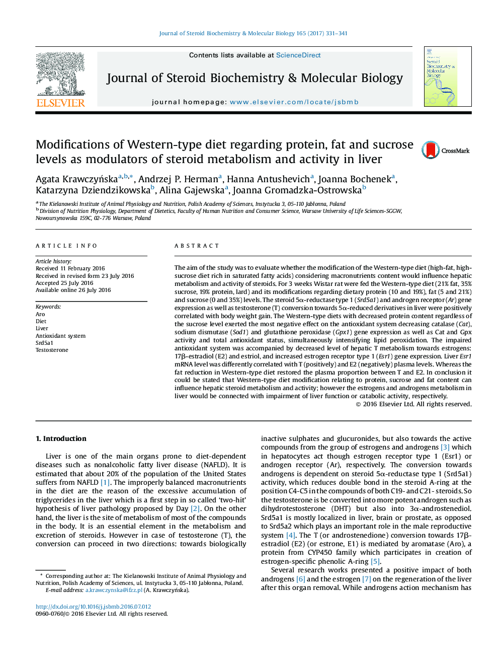 Modifications of Western-type diet regarding protein, fat and sucrose levels as modulators of steroid metabolism and activity in liver