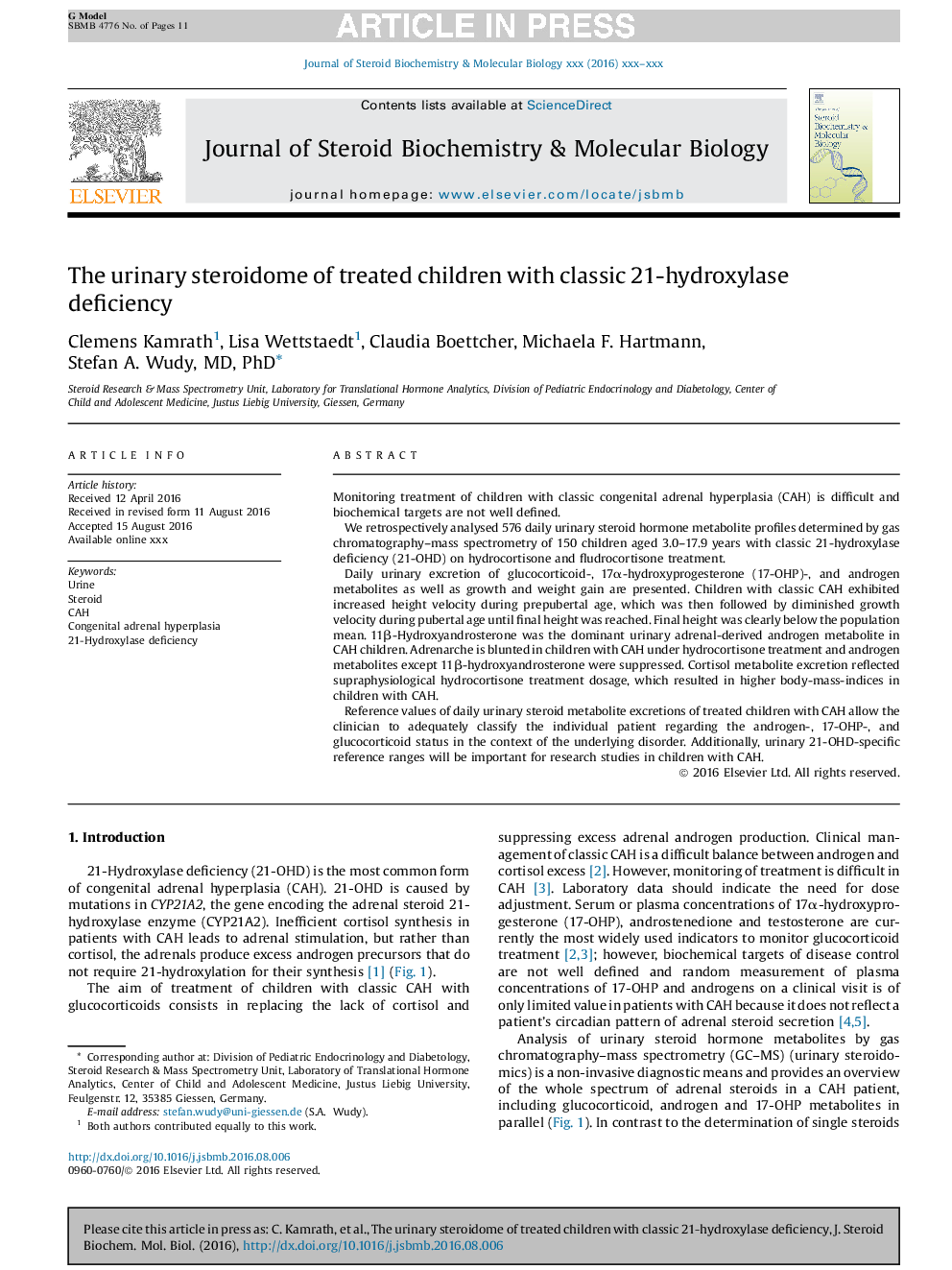 The urinary steroidome of treated children with classic 21-hydroxylase deficiency