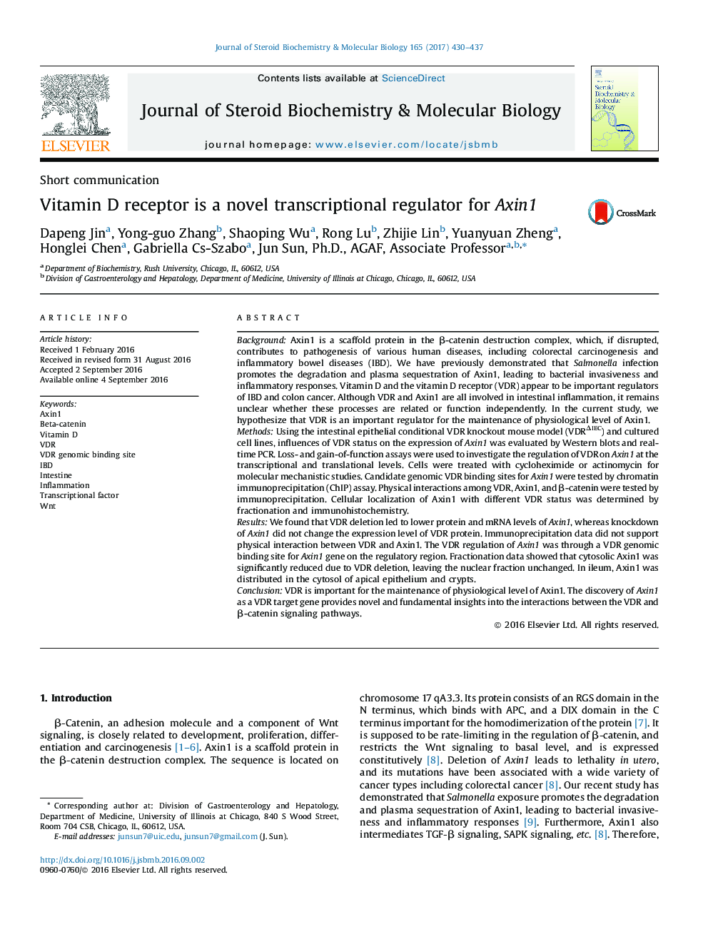 Short communicationVitamin D receptor is a novel transcriptional regulator for Axin1