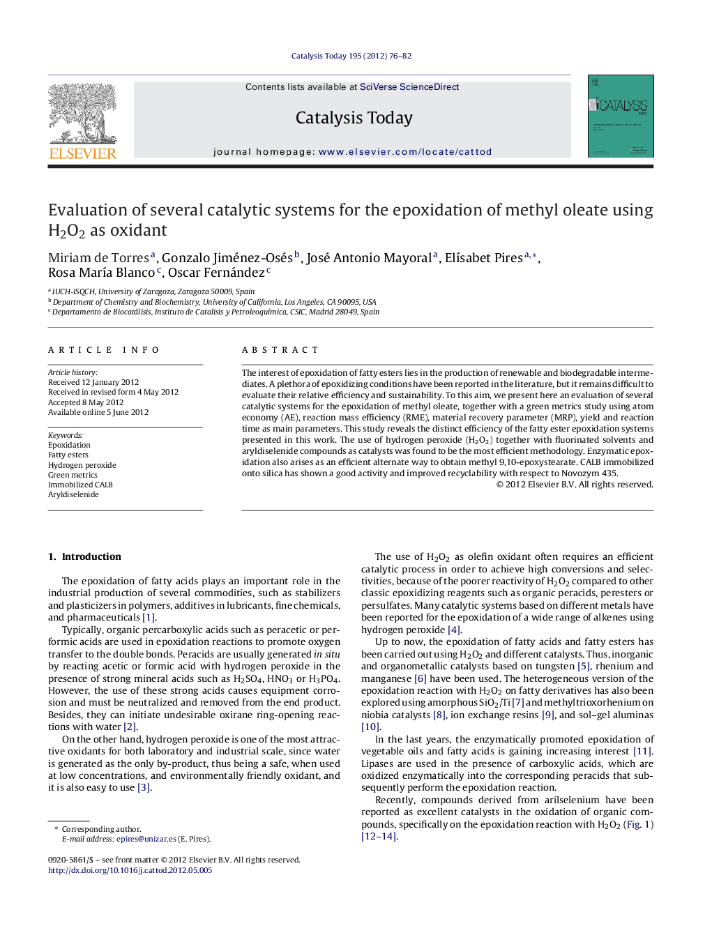 Evaluation of several catalytic systems for the epoxidation of methyl oleate using H2O2 as oxidant