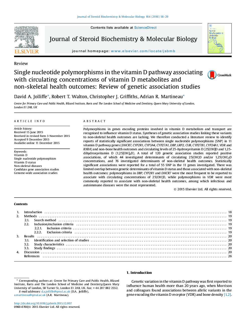 ReviewSingle nucleotide polymorphisms in the vitamin D pathway associating with circulating concentrations of vitamin D metabolites and non-skeletal health outcomes: Review of genetic association studies