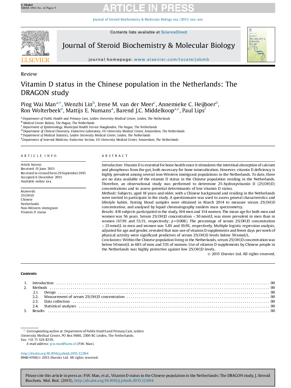 Vitamin D status in the Chinese population in the Netherlands: The DRAGON study