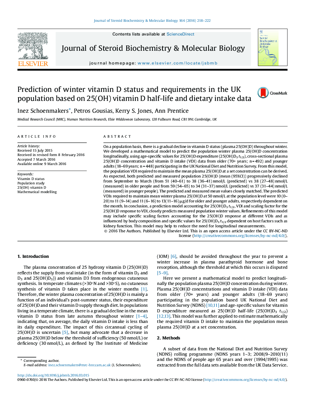 Prediction of winter vitamin D status and requirements in the UK population based on 25(OH) vitamin D half-life and dietary intake data