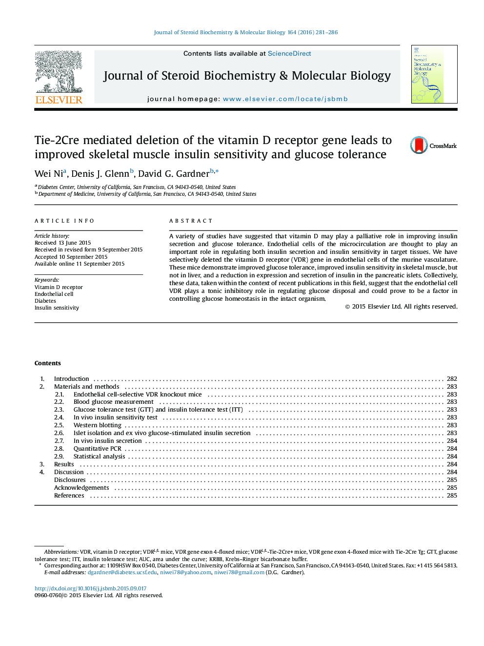 Tie-2Cre mediated deletion of the vitamin D receptor gene leads to improved skeletal muscle insulin sensitivity and glucose tolerance