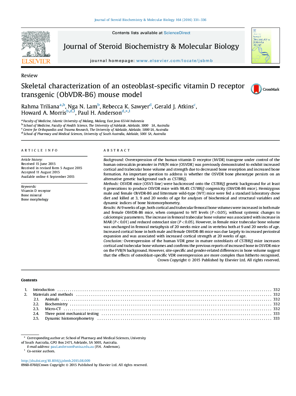 ReviewSkeletal characterization of an osteoblast-specific vitamin D receptor transgenic (ObVDR-B6) mouse model