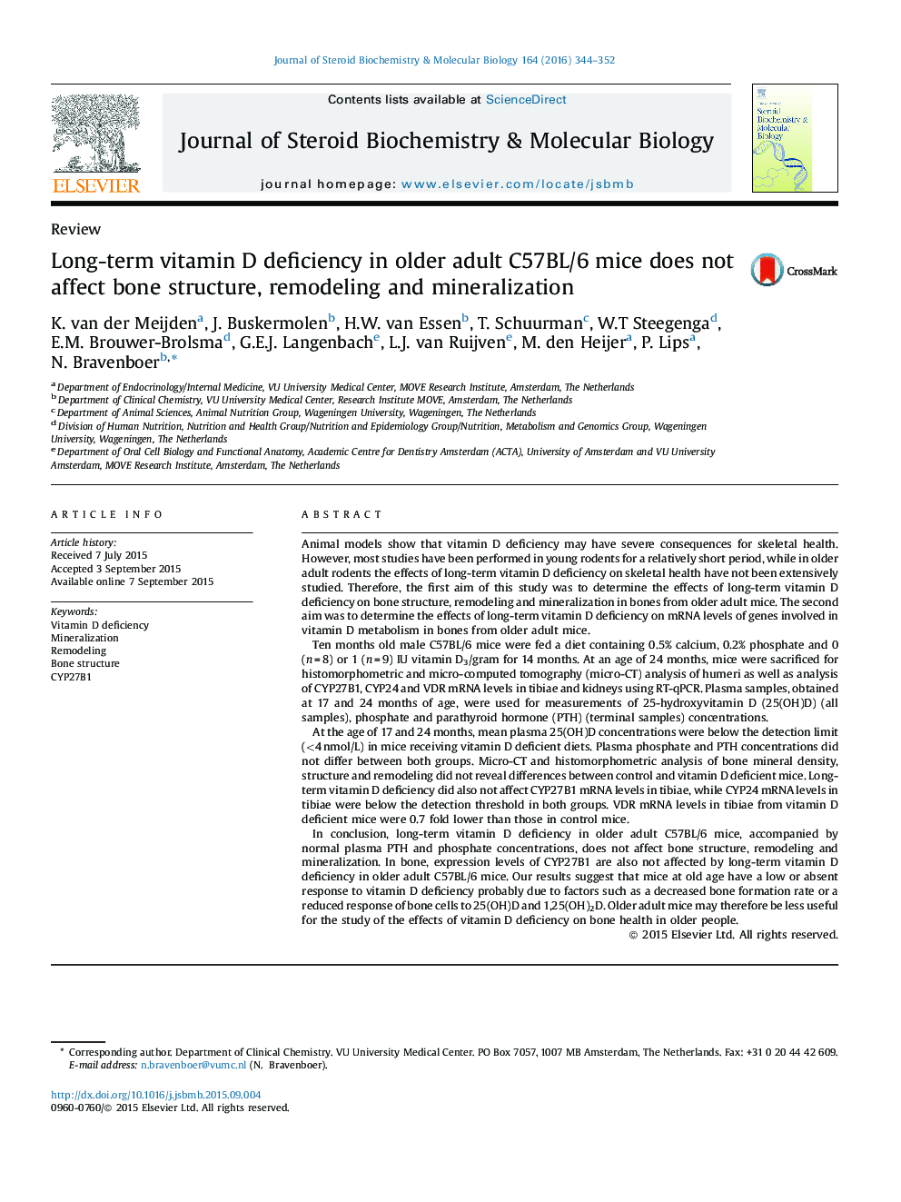 ReviewLong-term vitamin D deficiency in older adult C57BL/6 mice does not affect bone structure, remodeling and mineralization