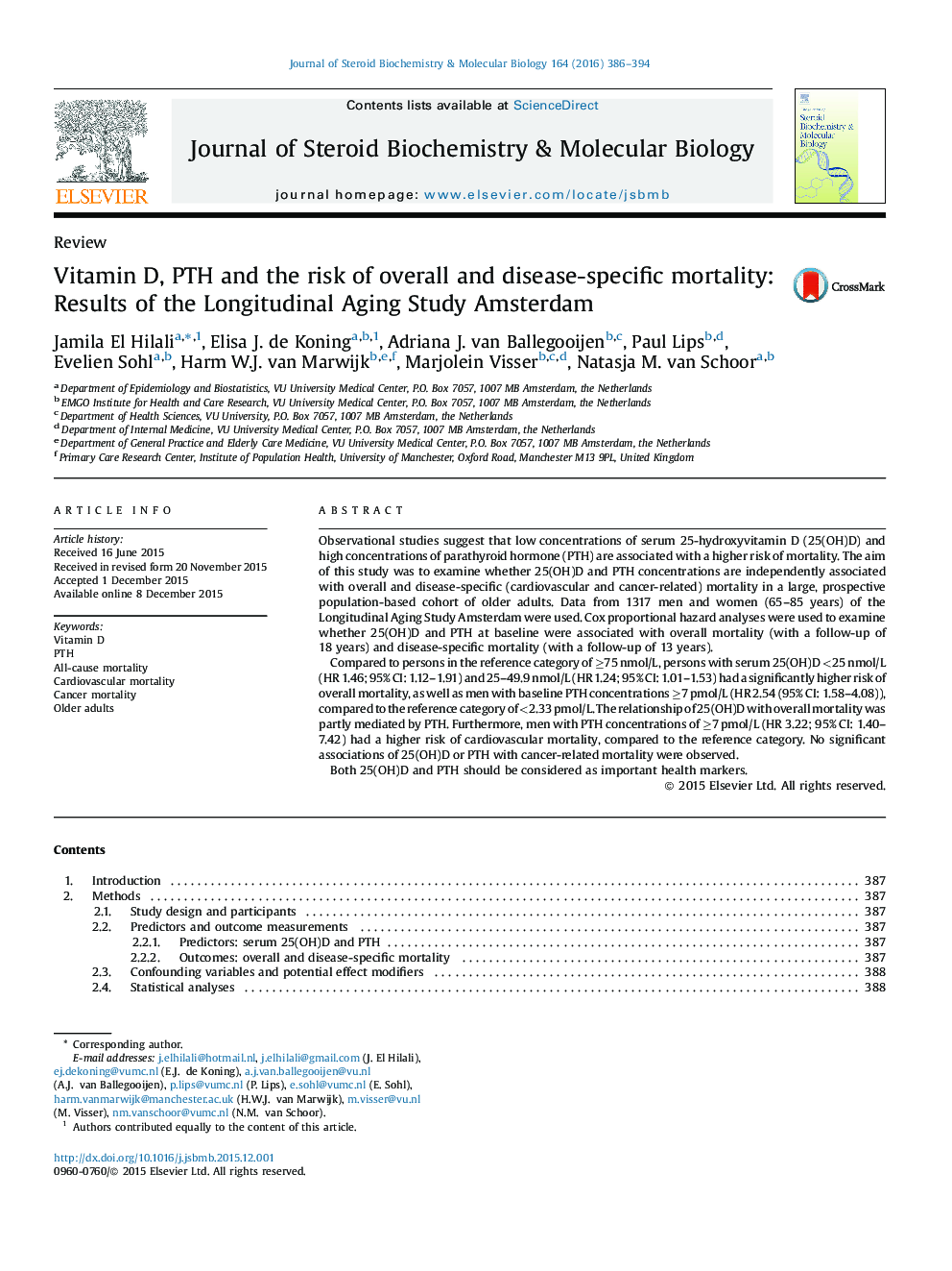 ReviewVitamin D, PTH and the risk of overall and disease-specific mortality: Results of the Longitudinal Aging Study Amsterdam