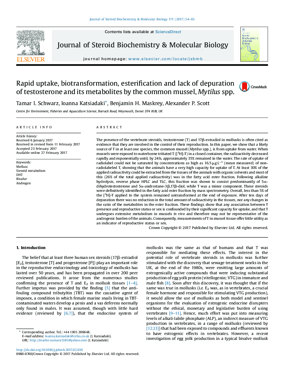 Rapid uptake, biotransformation, esterification and lack of depuration of testosterone and its metabolites by the common mussel, Mytilus spp.