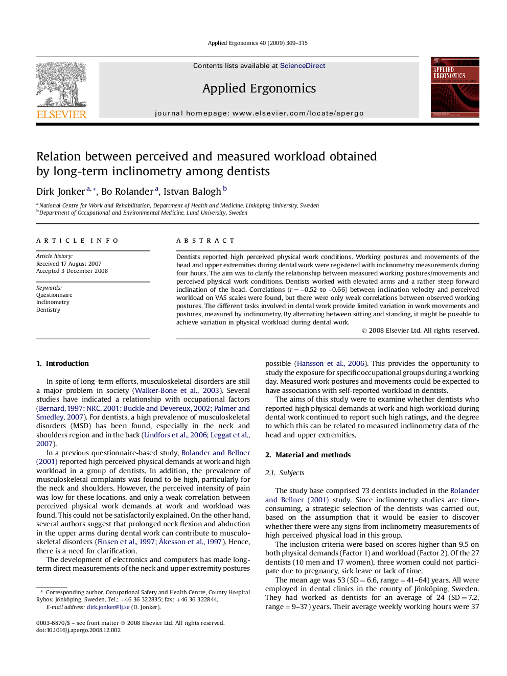 Relation between perceived and measured workload obtained by long-term inclinometry among dentists