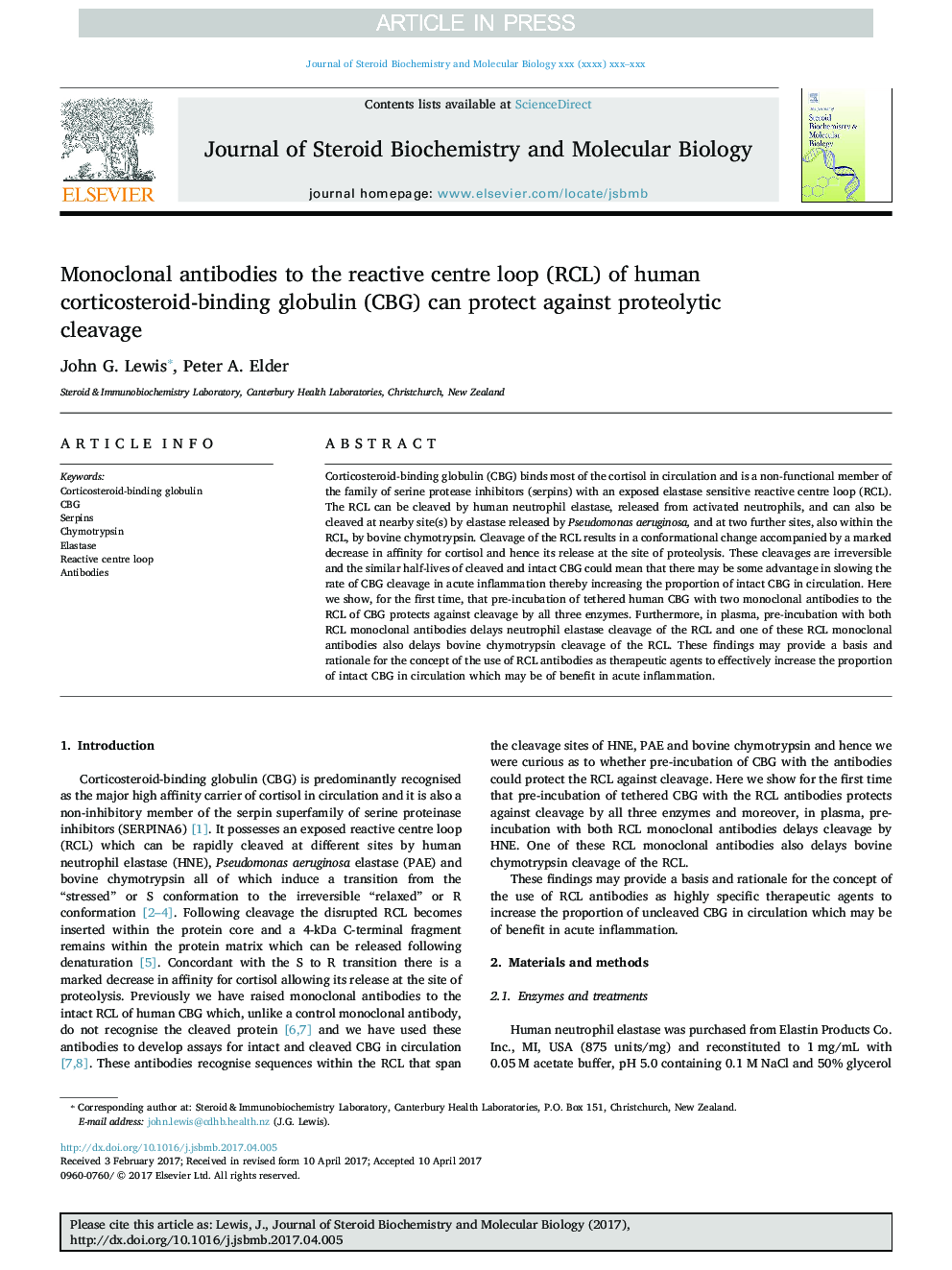 Monoclonal antibodies to the reactive centre loop (RCL) of human corticosteroid-binding globulin (CBG) can protect against proteolytic cleavage