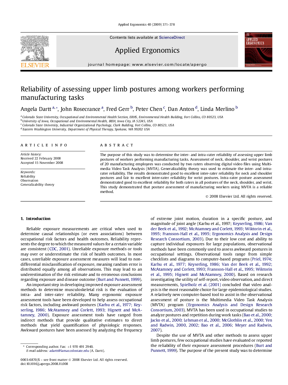 Reliability of assessing upper limb postures among workers performing manufacturing tasks