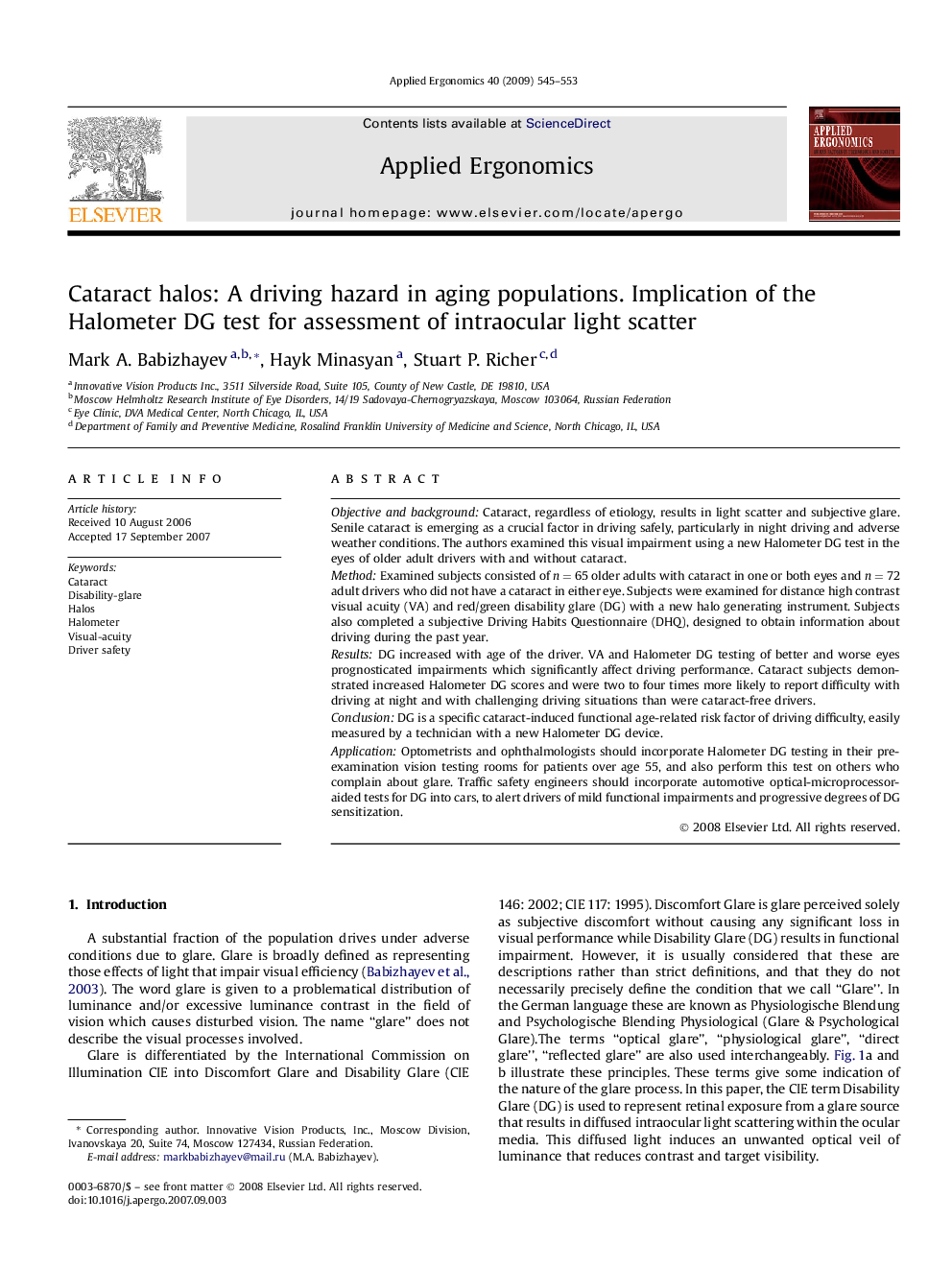 Cataract halos: A driving hazard in aging populations. Implication of the Halometer DG test for assessment of intraocular light scatter