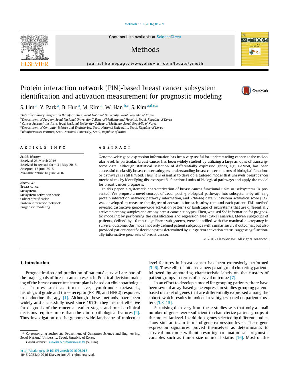 Protein interaction network (PIN)-based breast cancer subsystem identification and activation measurement for prognostic modeling