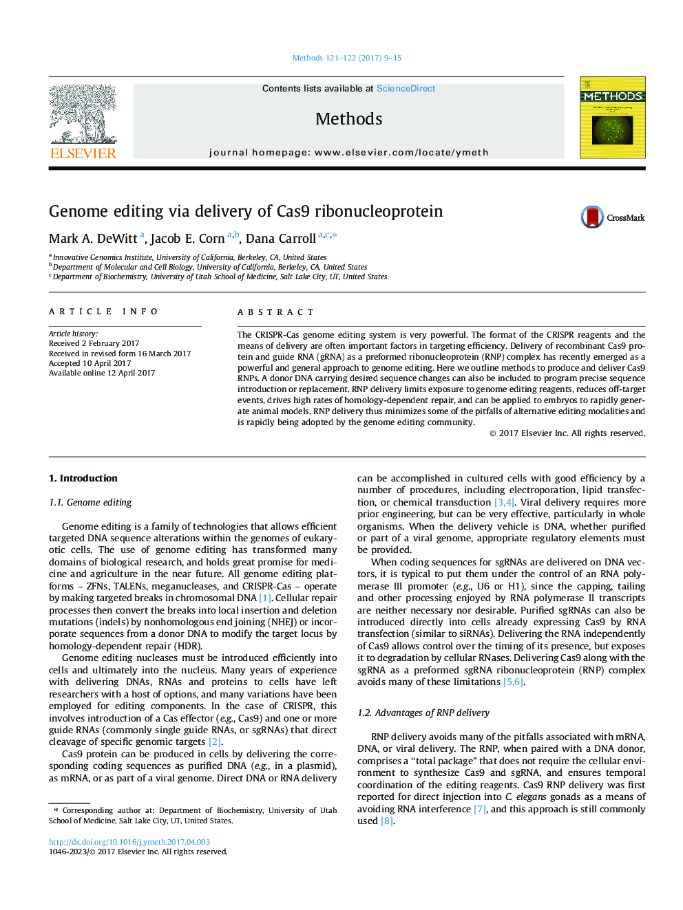 Genome editing via delivery of Cas9 ribonucleoprotein