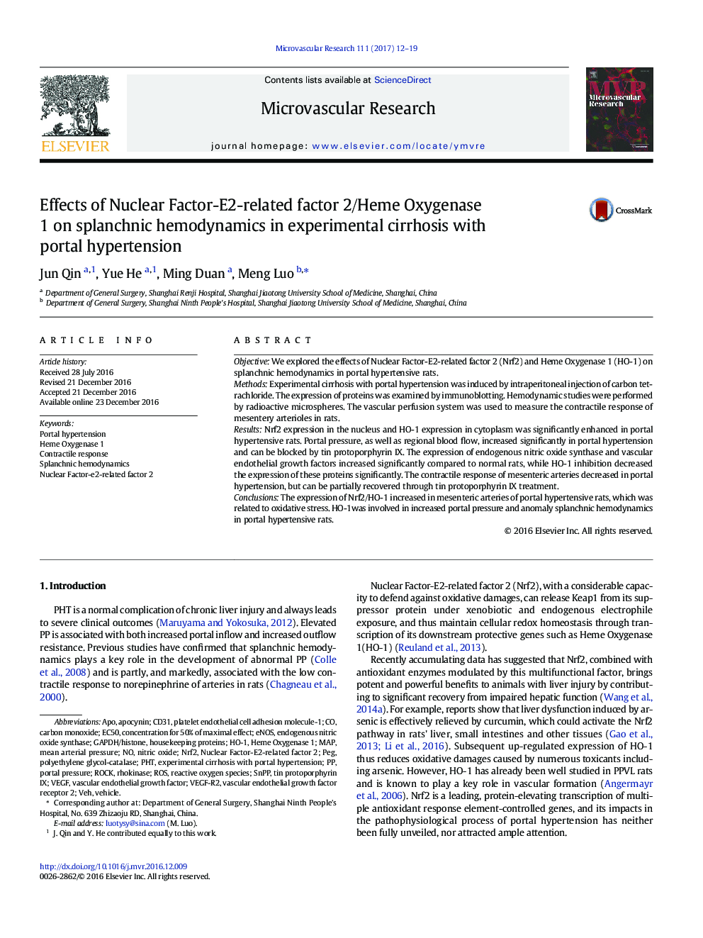 Effects of Nuclear Factor-E2-related factor 2/Heme Oxygenase 1 on splanchnic hemodynamics in experimental cirrhosis with portal hypertension