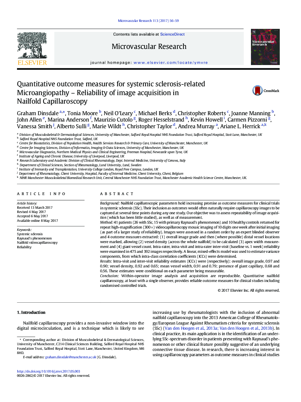 Quantitative outcome measures for systemic sclerosis-related Microangiopathy - Reliability of image acquisition in Nailfold Capillaroscopy