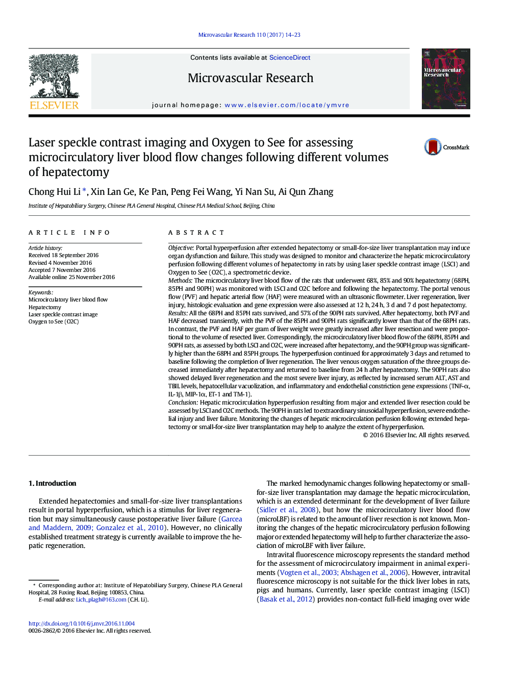 Laser speckle contrast imaging and Oxygen to See for assessing microcirculatory liver blood flow changes following different volumes of hepatectomy