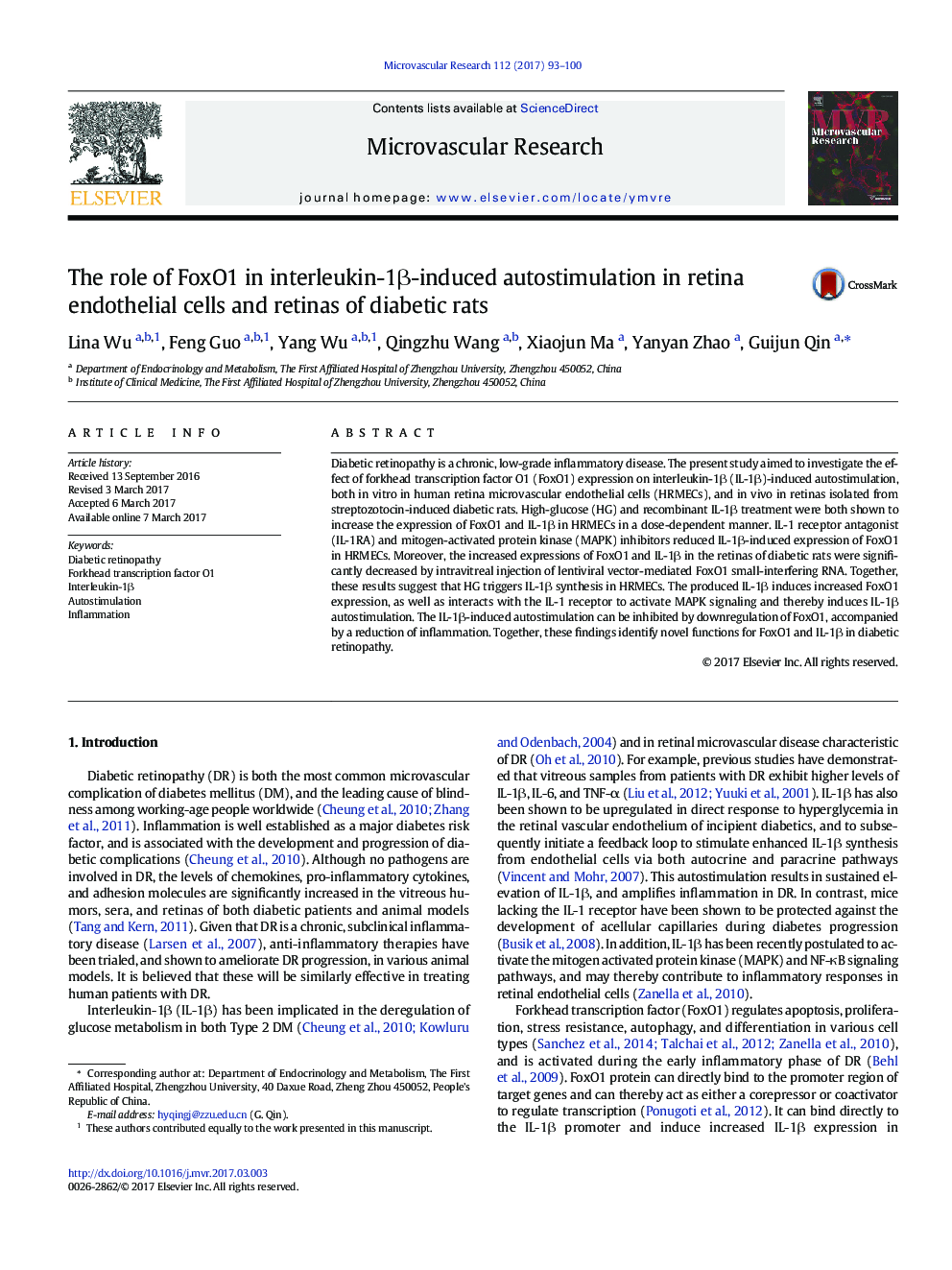 The role of FoxO1 in interleukin-1Î²-induced autostimulation in retina endothelial cells and retinas of diabetic rats