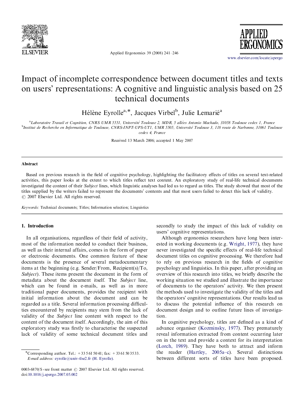 Impact of incomplete correspondence between document titles and texts on users’ representations: A cognitive and linguistic analysis based on 25 technical documents