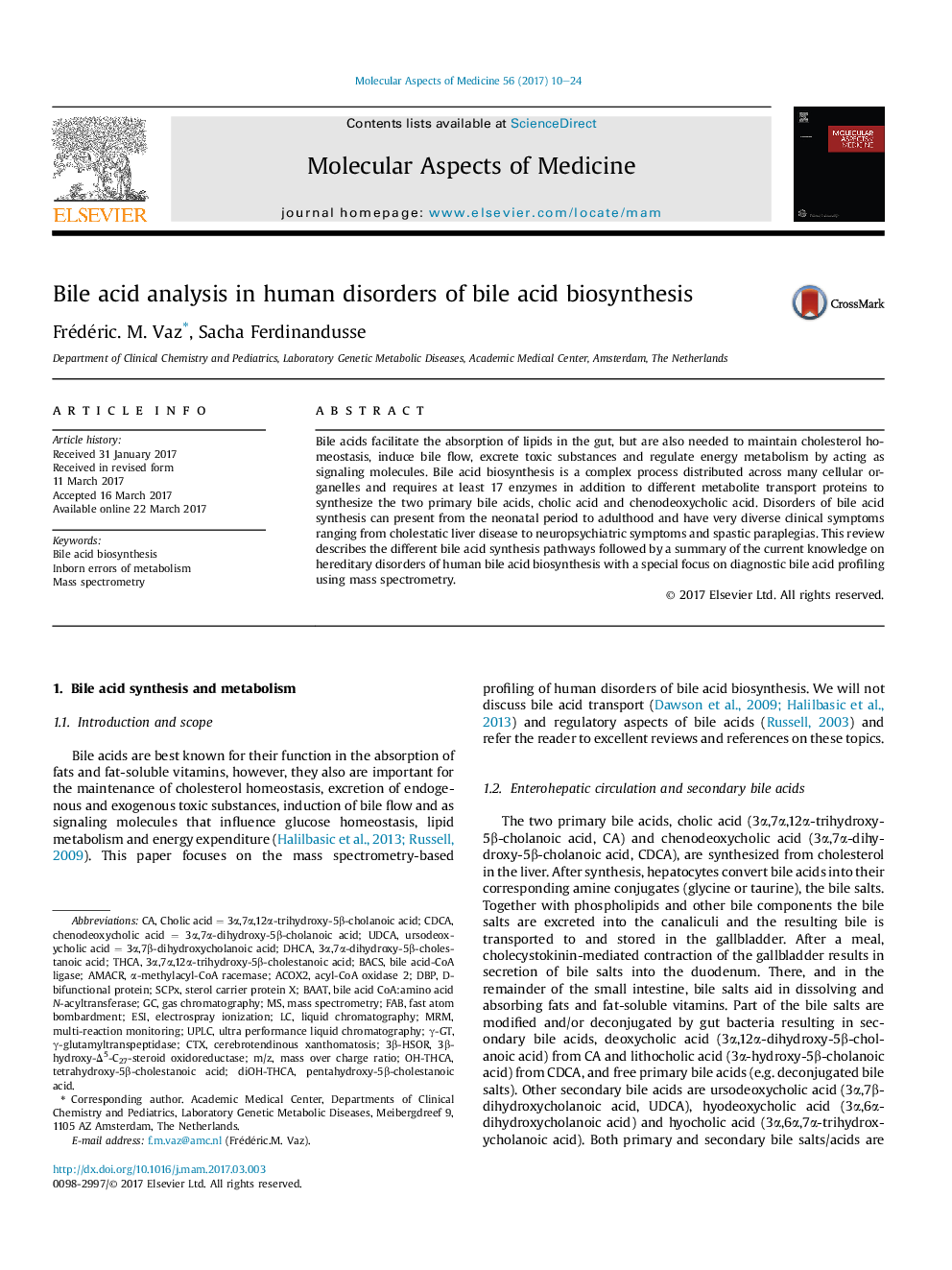 Bile acid analysis in human disorders of bile acid biosynthesis