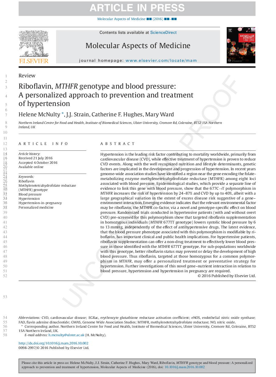 Riboflavin, MTHFR genotype and blood pressure: A personalized approach to prevention and treatment of hypertension