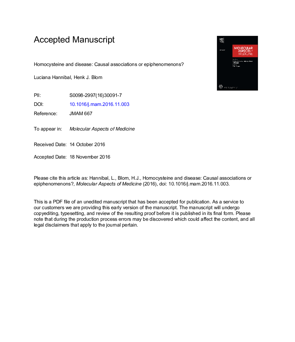 Homocysteine and disease: Causal associations or epiphenomenons?