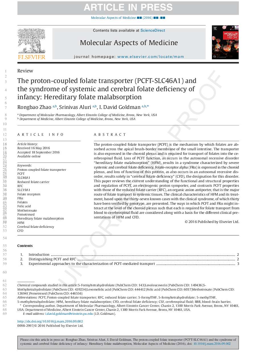 The proton-coupled folate transporter (PCFT-SLC46A1) and the syndrome of systemic and cerebral folate deficiency of infancy: Hereditary folate malabsorption