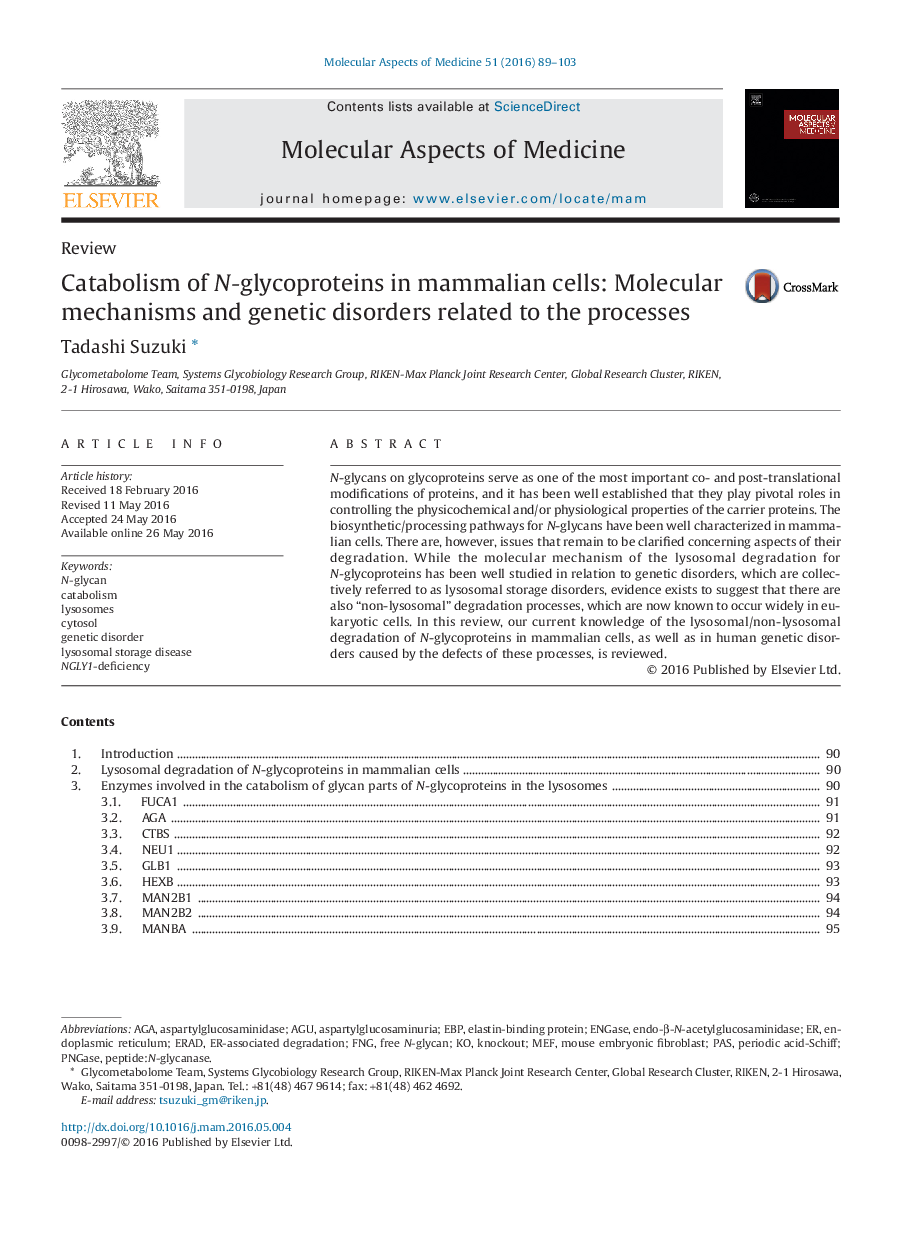 ReviewCatabolism of N-glycoproteins in mammalian cells: Molecular mechanisms and genetic disorders related to the processes