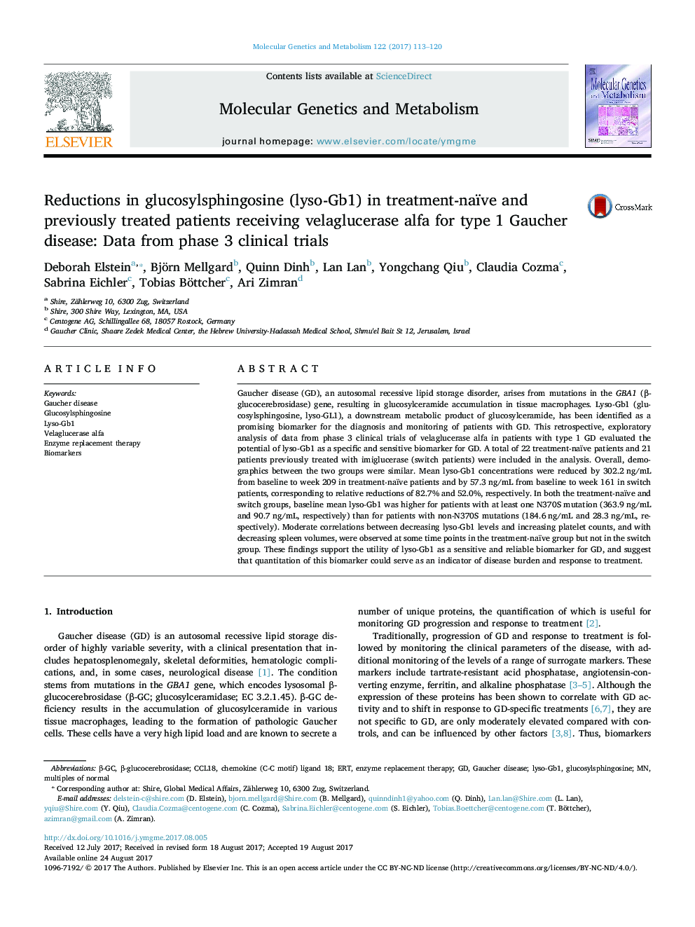 Reductions in glucosylsphingosine (lyso-Gb1) in treatment-naïve and previously treated patients receiving velaglucerase alfa for type 1 Gaucher disease: Data from phase 3 clinical trials