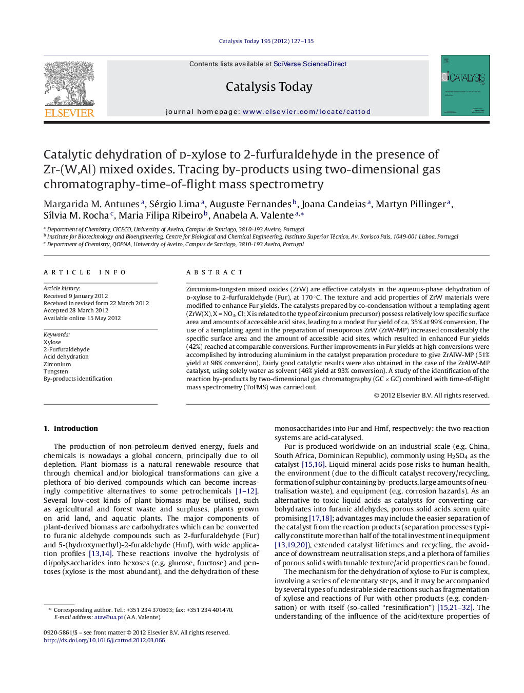 Catalytic dehydration of d-xylose to 2-furfuraldehyde in the presence of Zr-(W,Al) mixed oxides. Tracing by-products using two-dimensional gas chromatography-time-of-flight mass spectrometry