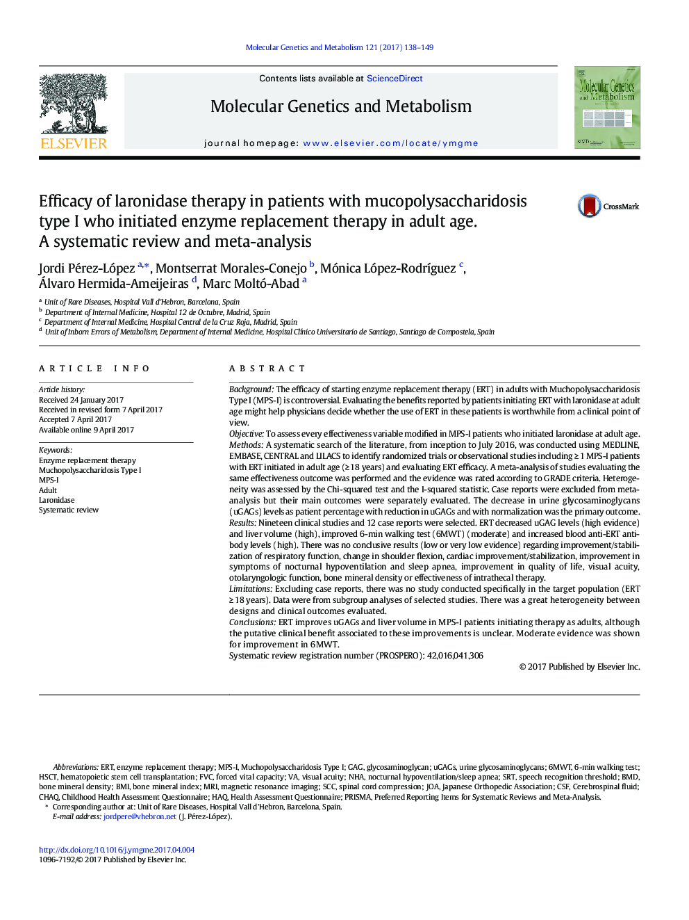 Efficacy of laronidase therapy in patients with mucopolysaccharidosis type I who initiated enzyme replacement therapy in adult age. A systematic review and meta-analysis