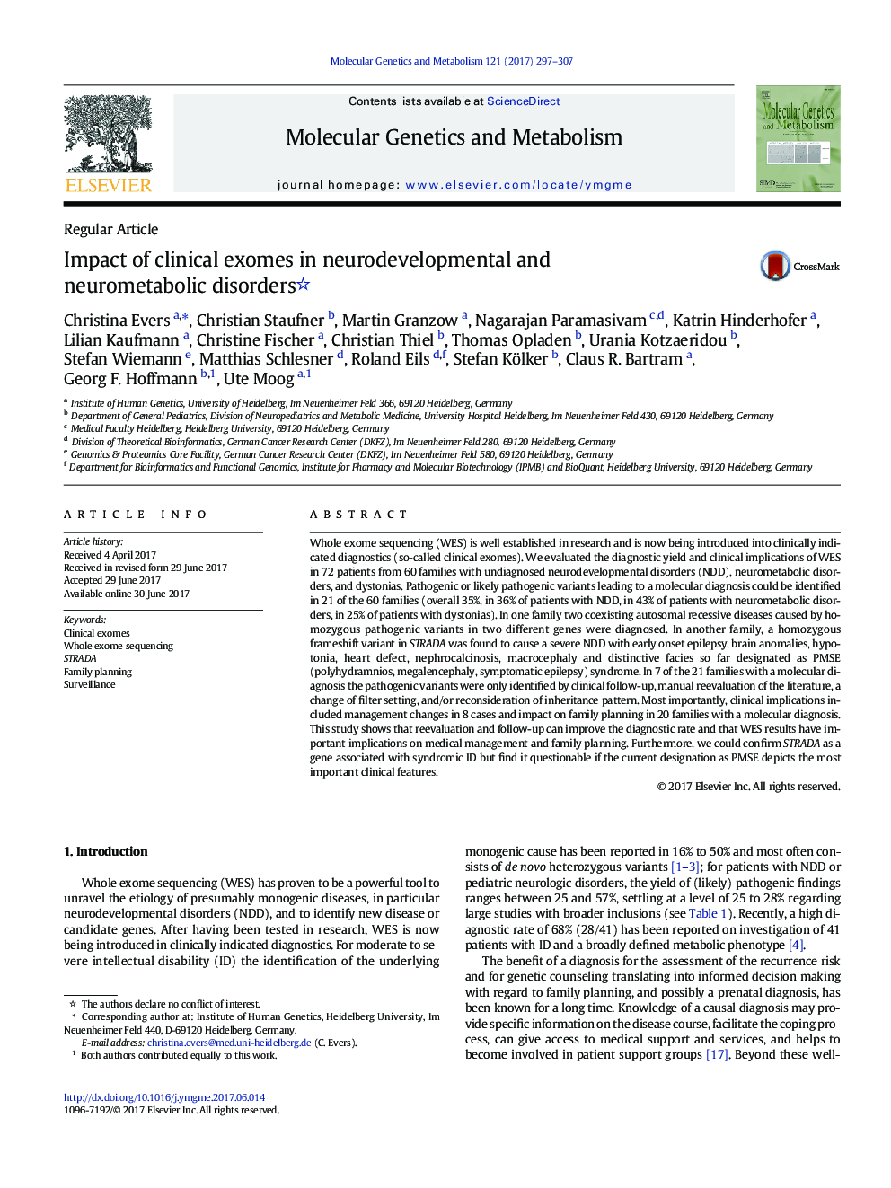 Regular ArticleImpact of clinical exomes in neurodevelopmental and neurometabolic disorders