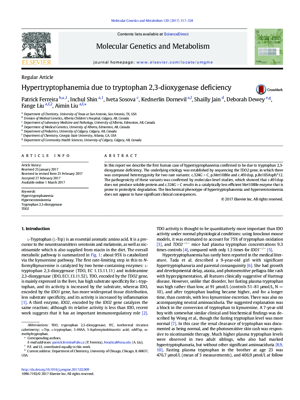 Regular ArticleHypertryptophanemia due to tryptophan 2,3-dioxygenase deficiency