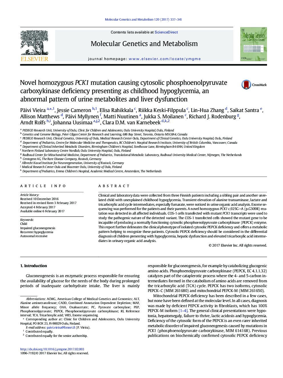 Novel homozygous PCK1 mutation causing cytosolic phosphoenolpyruvate carboxykinase deficiency presenting as childhood hypoglycemia, an abnormal pattern of urine metabolites and liver dysfunction