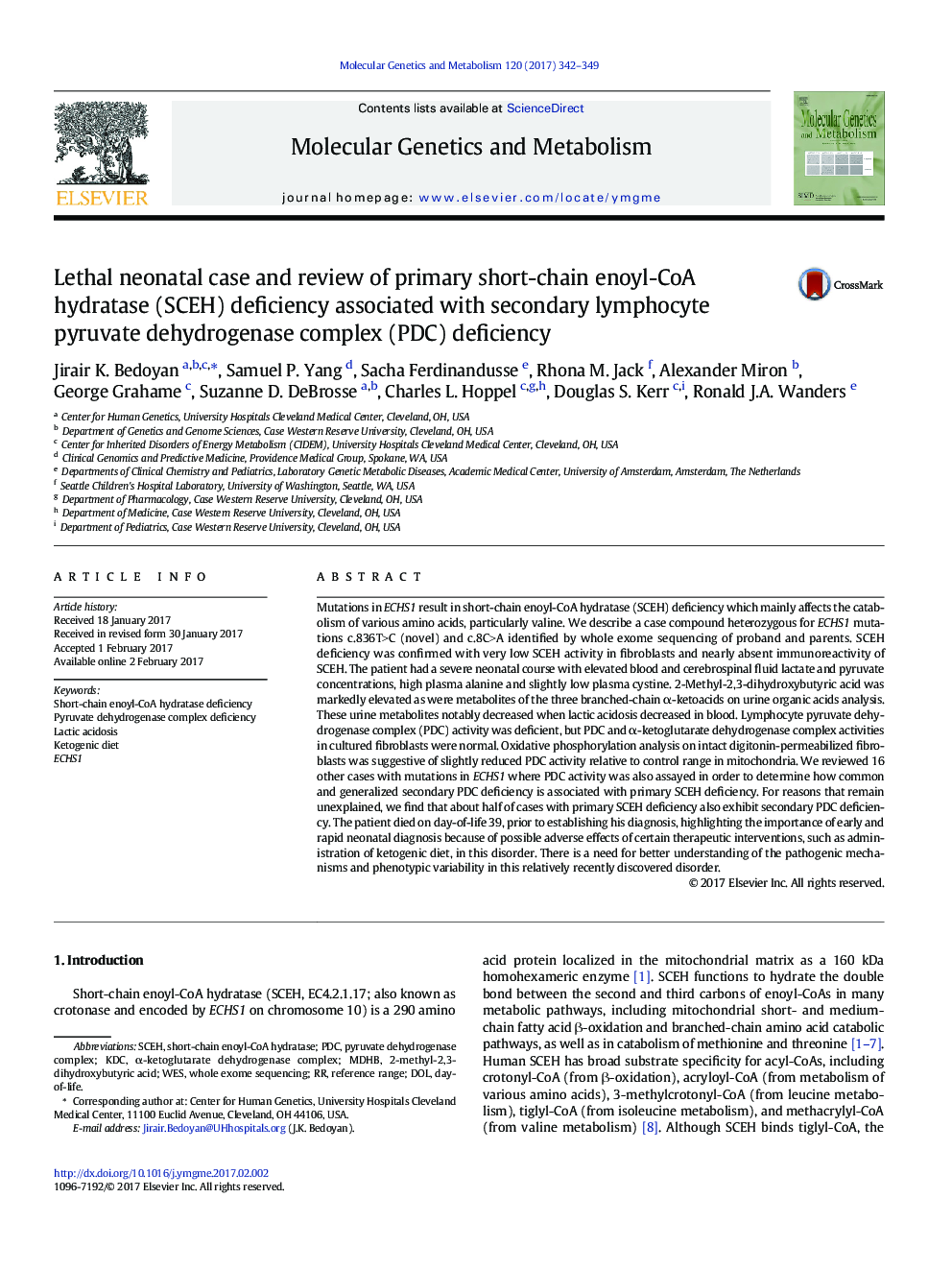 Lethal neonatal case and review of primary short-chain enoyl-CoA hydratase (SCEH) deficiency associated with secondary lymphocyte pyruvate dehydrogenase complex (PDC) deficiency