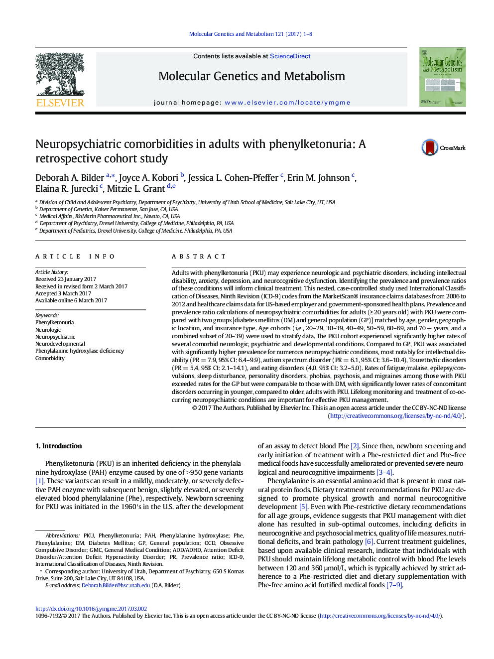 Neuropsychiatric comorbidities in adults with phenylketonuria: A retrospective cohort study