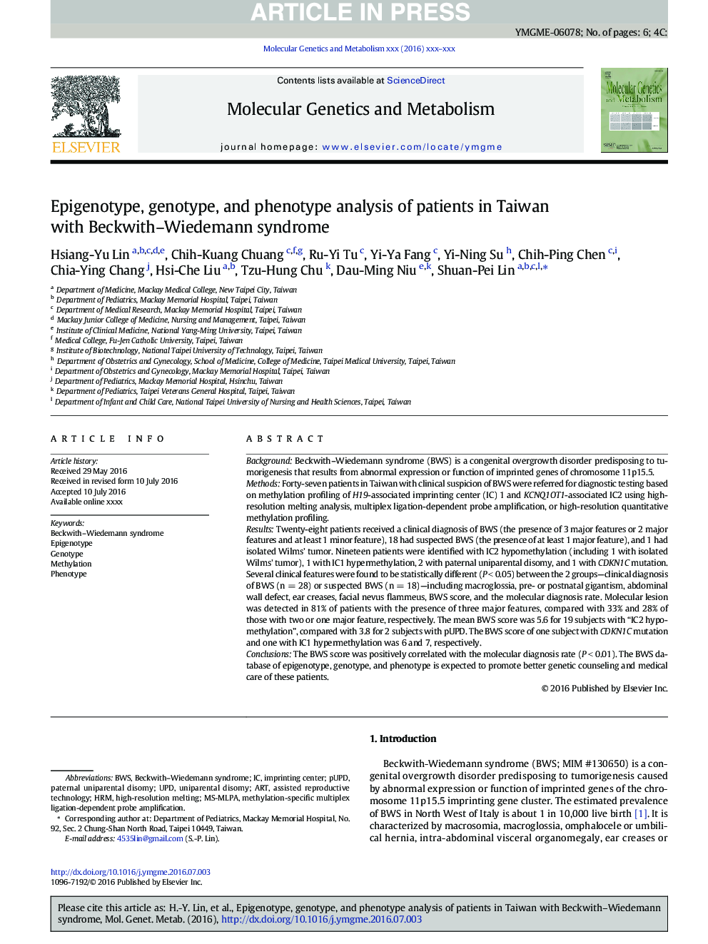 Epigenotype, genotype, and phenotype analysis of patients in Taiwan with Beckwith-Wiedemann syndrome