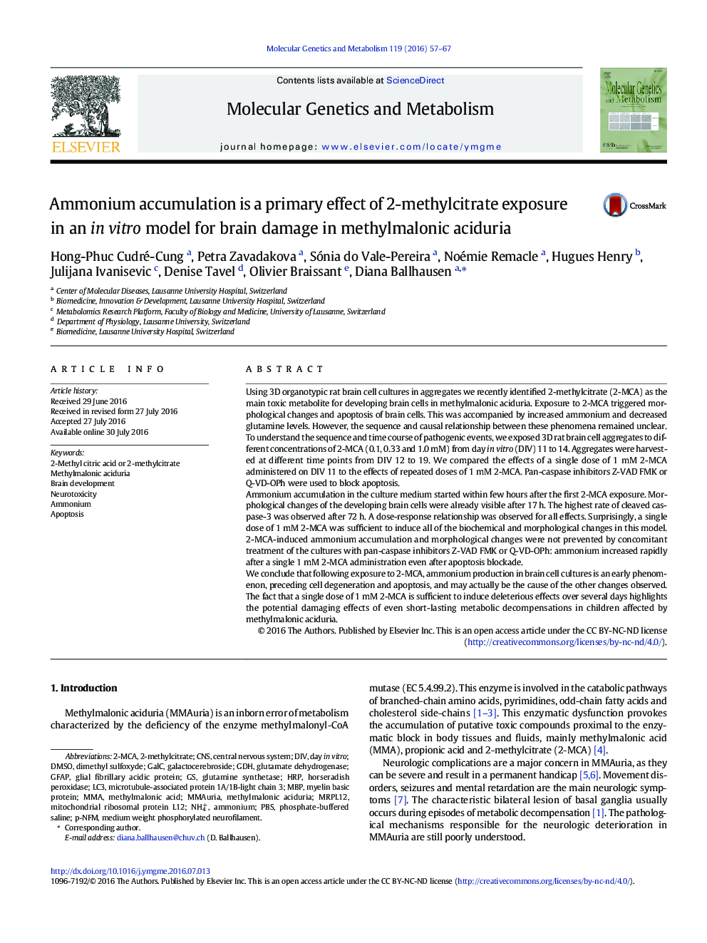 Ammonium accumulation is a primary effect of 2-methylcitrate exposure in an in vitro model for brain damage in methylmalonic aciduria