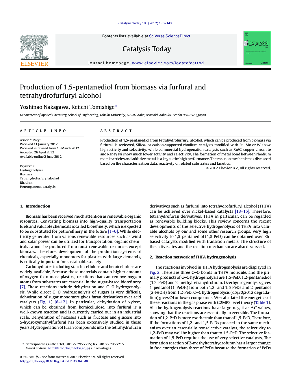 Production of 1,5-pentanediol from biomass via furfural and tetrahydrofurfuryl alcohol