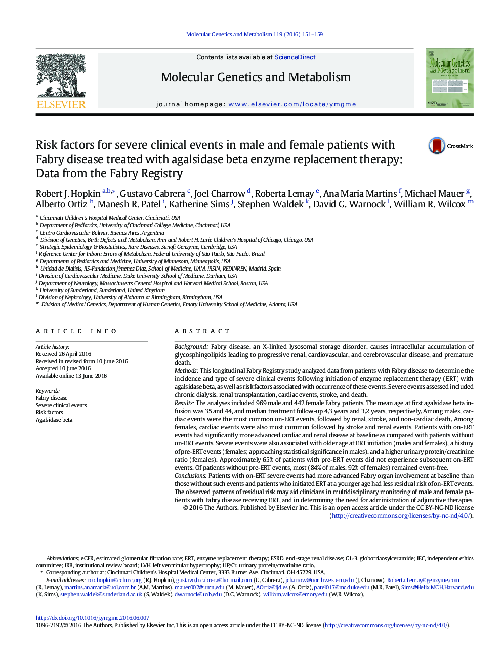 عکس صفحه اول مقاله: Risk factors for severe clinical events in male and female patients with Fabry disease treated with agalsidase beta enzyme replacement therapy: Data from the Fabry Registry Risk factors for severe clinical events in male and female patients with Fabry disease treated with agalsidase beta enzyme replacement therapy: Data from the Fabry Registry