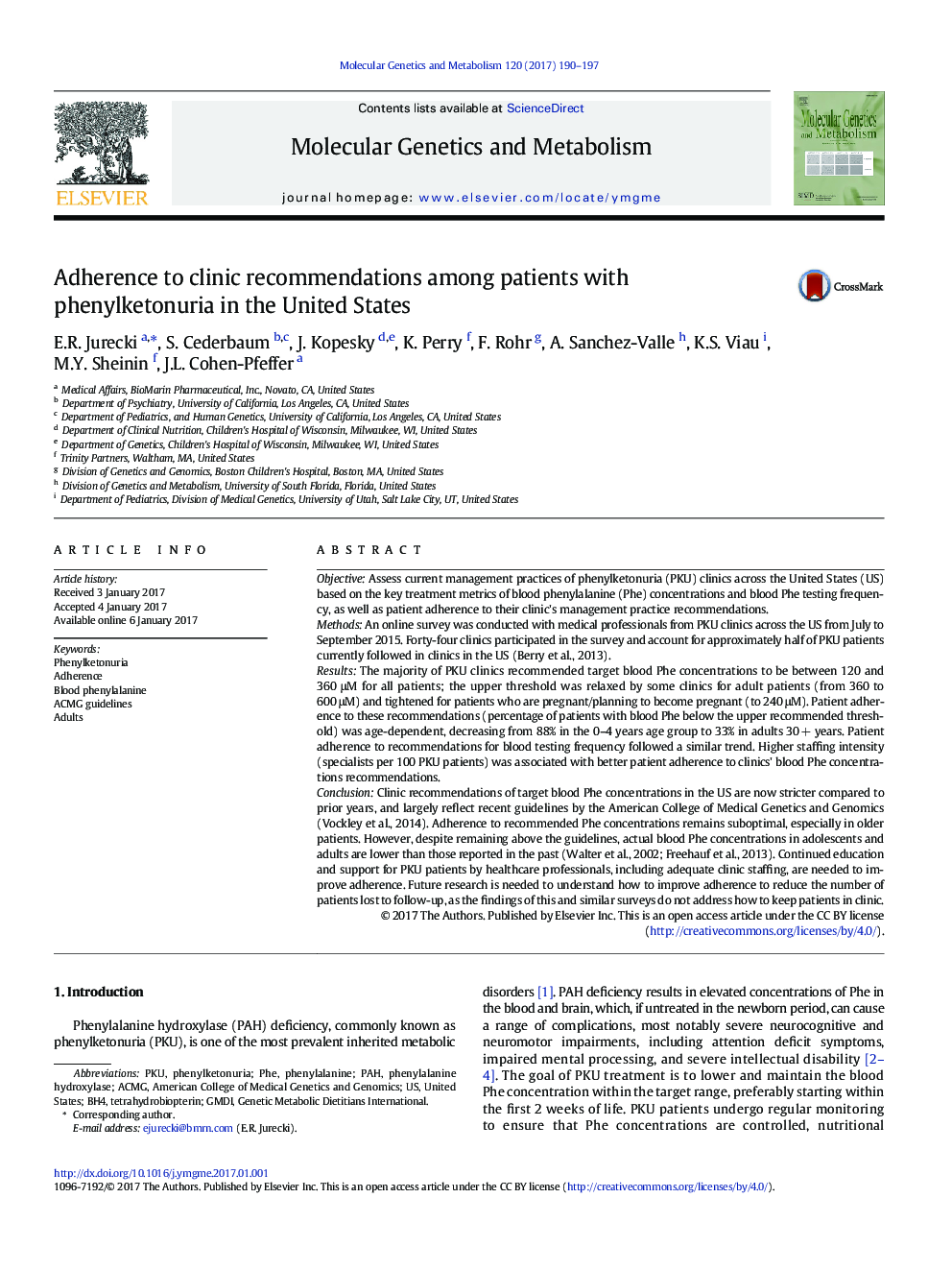 Adherence to clinic recommendations among patients with phenylketonuria in the United States